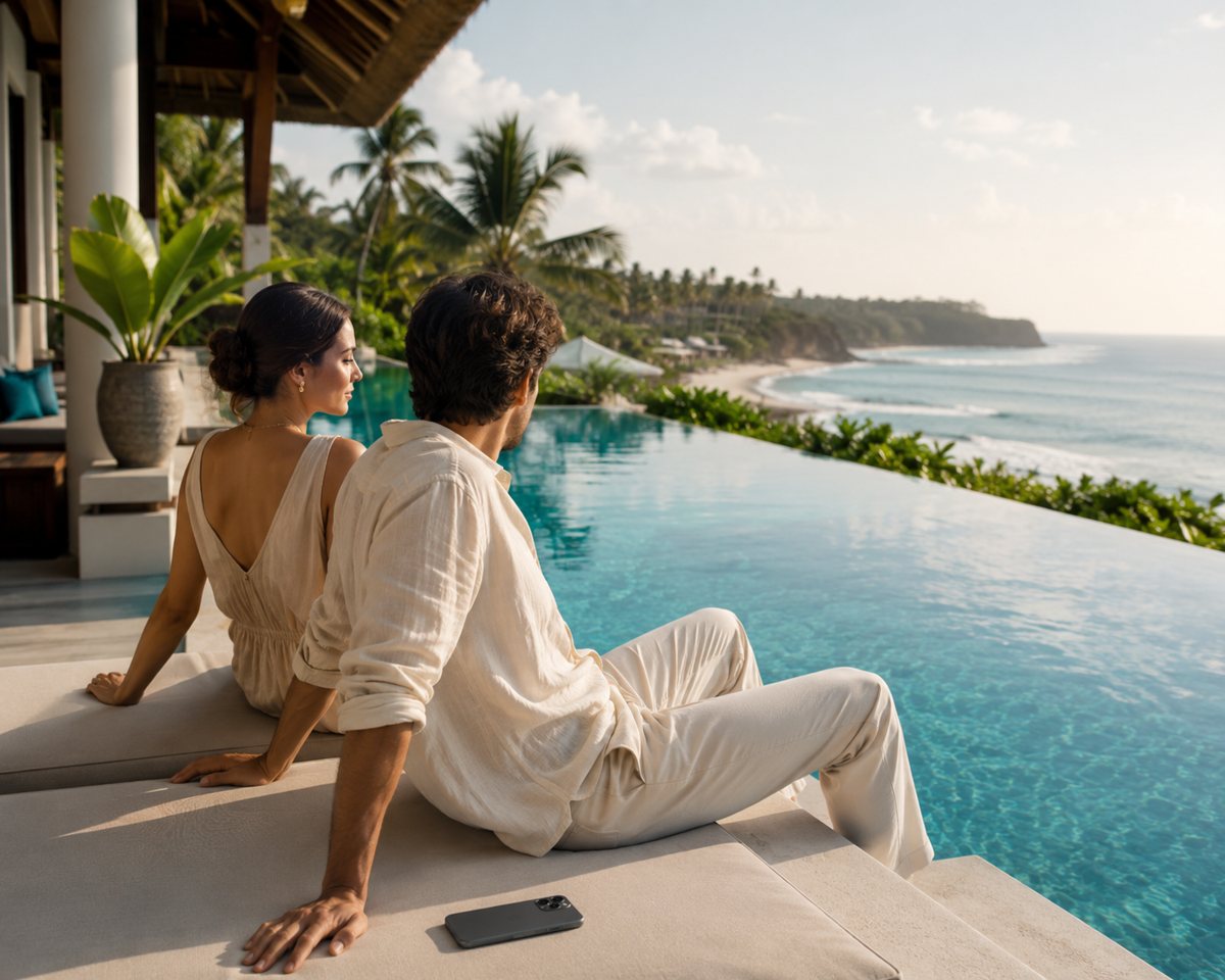 Couple au bord d’une piscine à débordement face à une côte tropicale, un smartphone posé à côté
